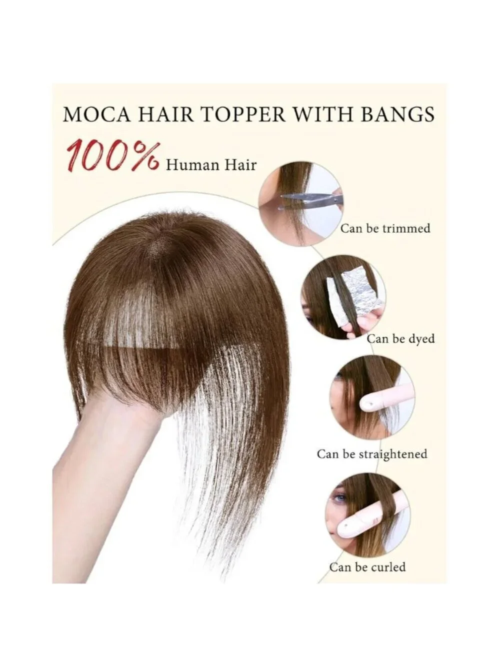 Women Brown Real Human Hair Topper 10 Inch Clip In Bangs Medium Silk BASE